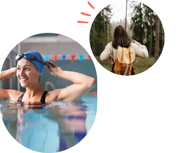 To bilder. En dame som svømmer og en dame på tur.