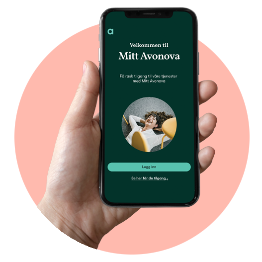 Illustrasjon som viser ulike skjermbilder av appen "Mitt Avonova"